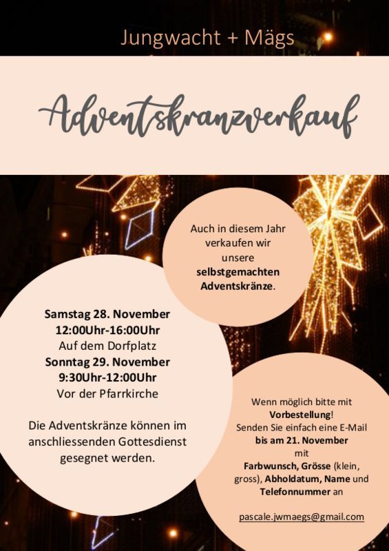 Flyer Adventskranzverkauf Jungwacht & Mägs Schmerikon vom 28. und 29.11.2020