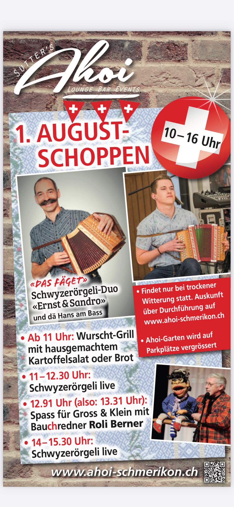 Flyer zum 1. August Schoppen vom 1. August 2021 im Ahoi Schmerikon 