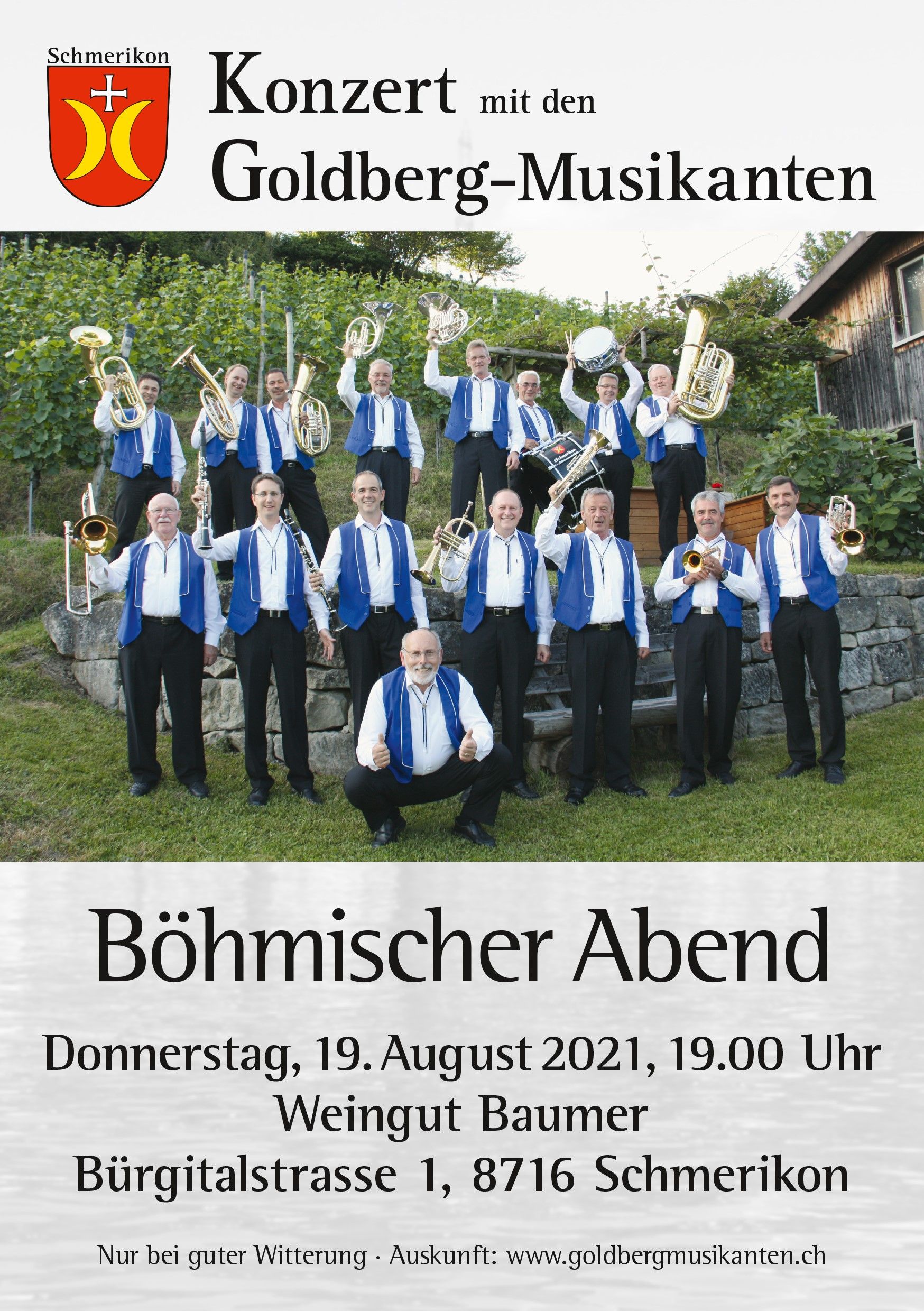 Plakat Goldbermusikanten , Donnerstag 19.08.2021 19:00 Uhr, Weingut Baumer, Bürgitalstrasse 1, 8716 Schmerikon