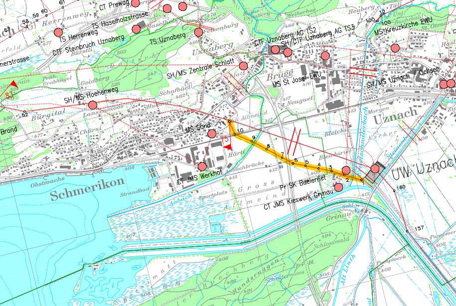 Kartenauschnitt von Schmerikon mit dem zu kontrollierenden Abschnitt der Freileitung (Quelle: SAK)