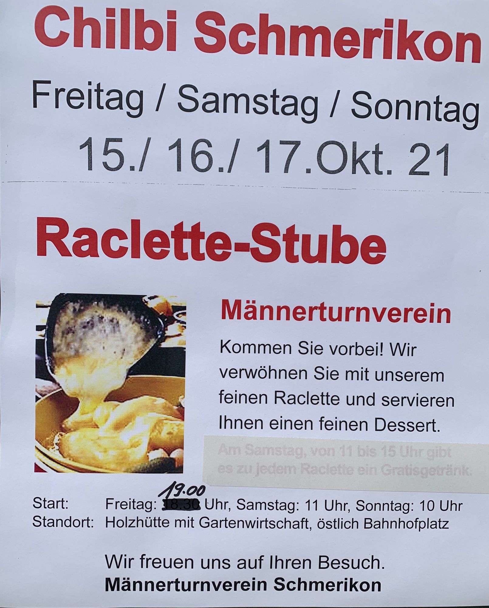 Flyer Raclette-Stube vom Männerturnverein an der Schmerkner Chilbi 2021