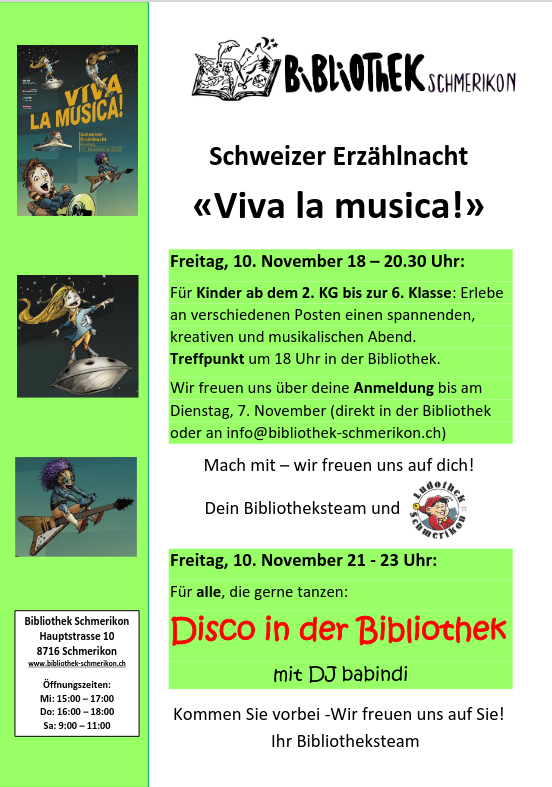 Flyer zur Schweizer Erzählnacht in der Bibliothek Schmerikon am 10. November 2023
