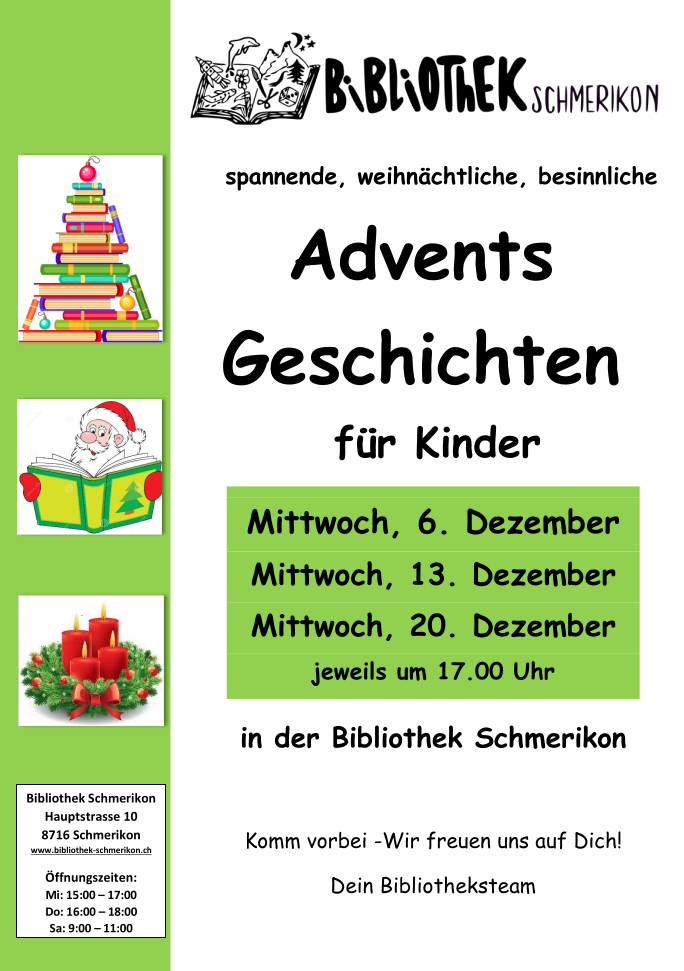 Flyer zu den Adventsgeschichten in der Bibliothek Schmerikon im 2023