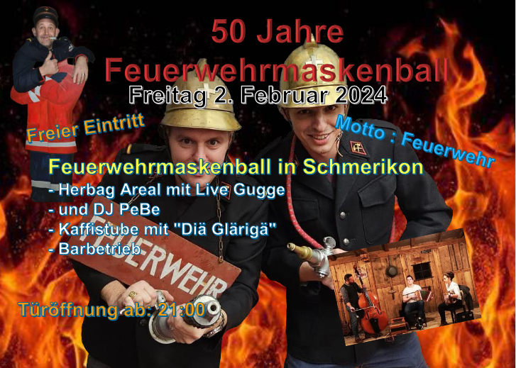 Flyer zum Feuerwehrmaskenball in Schmerikon vom 2. Februar 2024 in Schmerikon