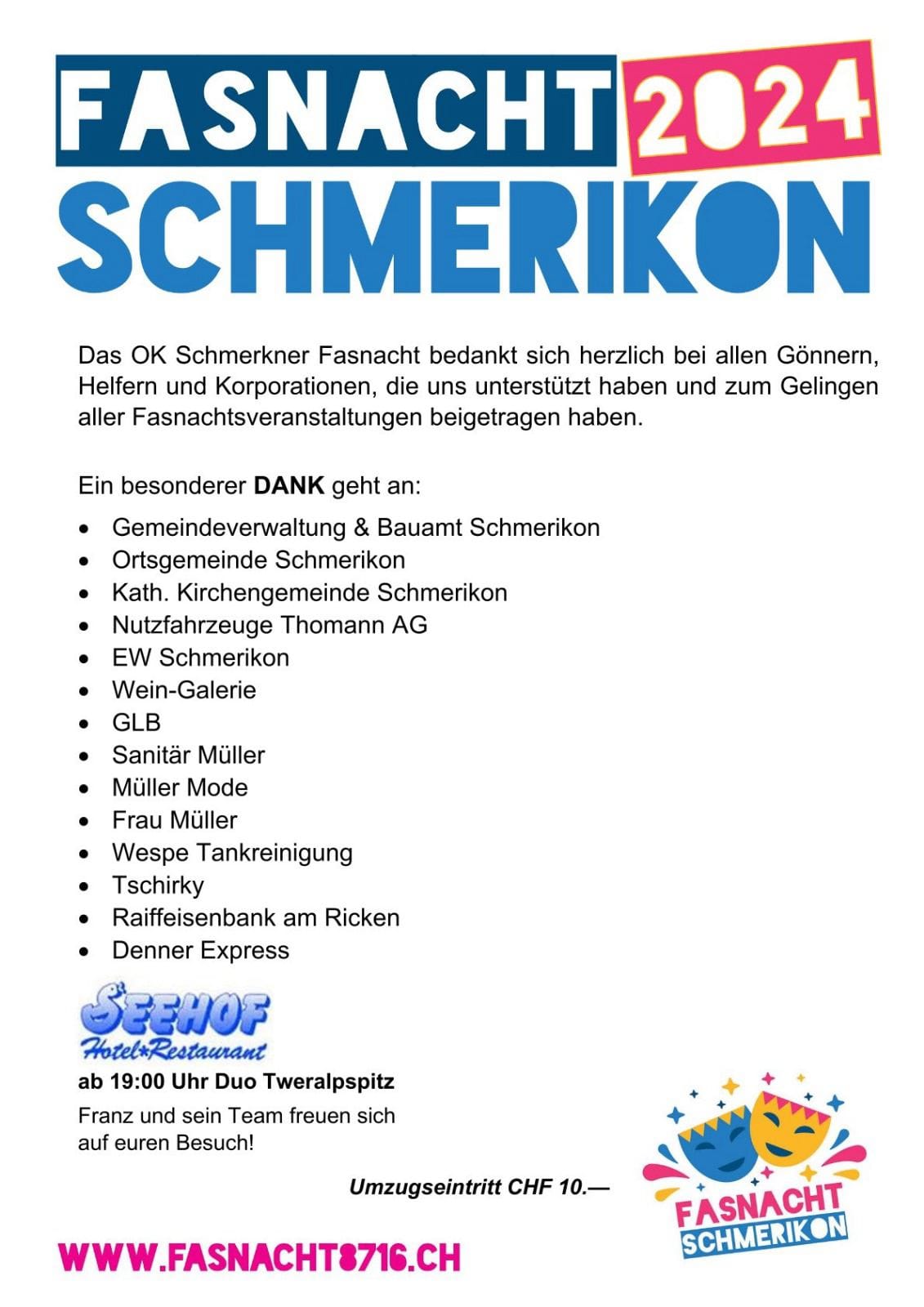 Danksagung Gönner + Sponsoren Fasnacht Schmerikon 2024