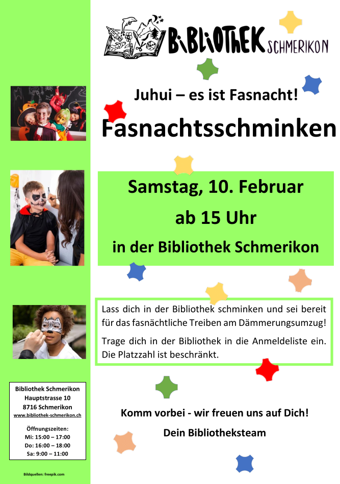 Flyer zum Fasnachtsschminken vom 10. Februar 2024 in der Bilbliothek Schmerikon. 