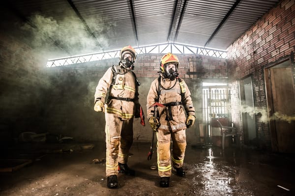 Zwei Feuerwehrleute in einer Halle